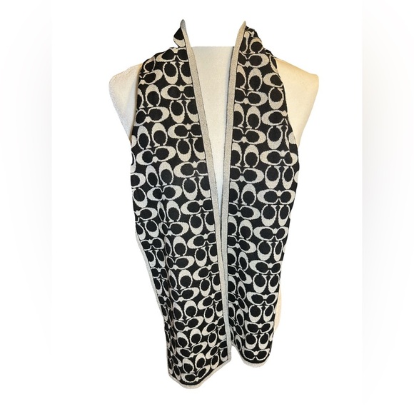 Coach Signature Reversible Scarf Black Silver Sparkle - Picture 2 of 6